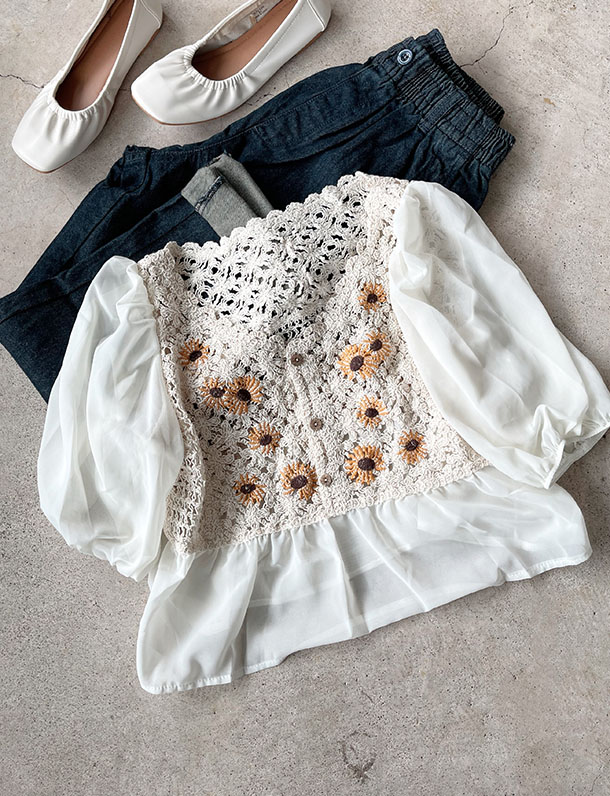 【重要/予約４月下旬入荷予定/着日指定不可】★春トク★夏らしいひまわりモチーフに注目！かぎ針編みシフォン素材ドッキングトップス