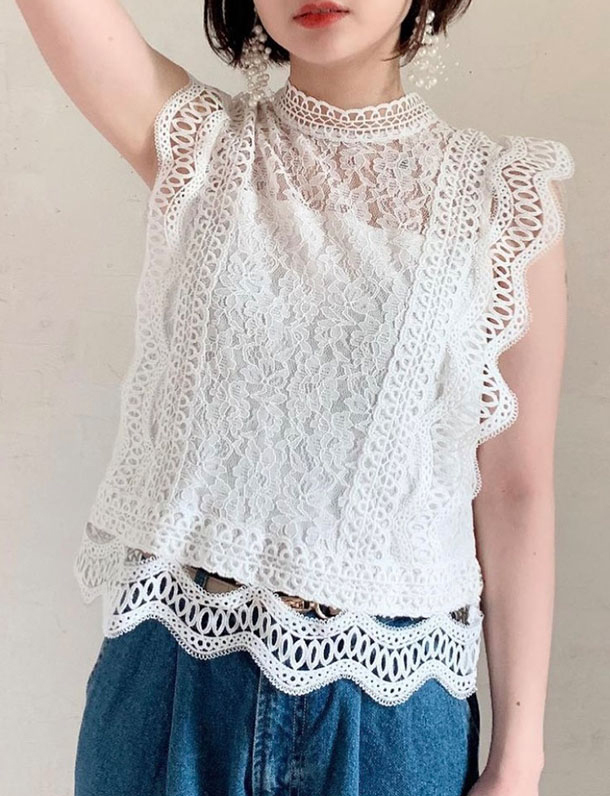 　！超可愛い！【極上の人気】『　伝説神レースいよいよ本格的販売！誰もが納得する激かわデザイン！　』重ねレーステープノースリブラウス