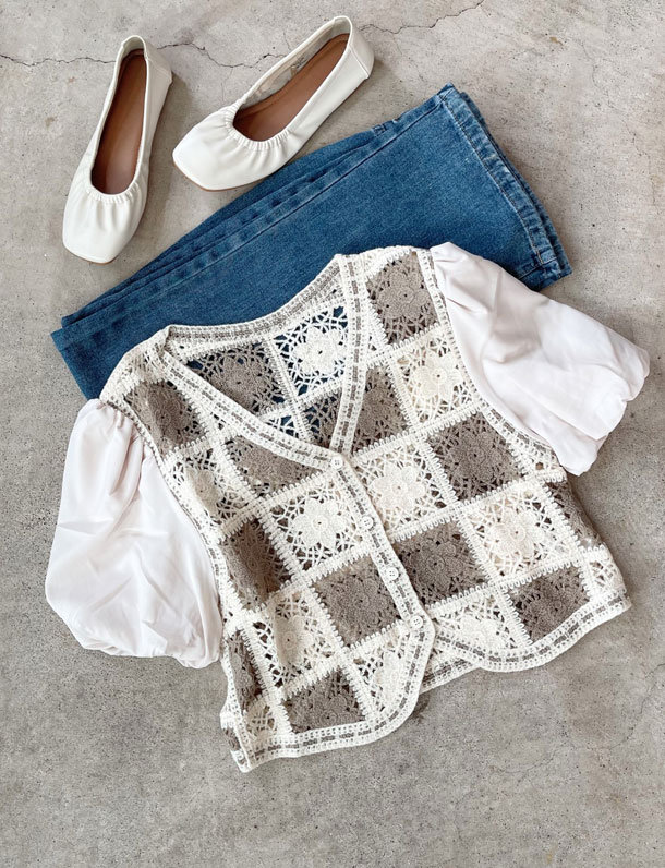 　『　バズってる花柄モチーフカーデの新作！　』今年人気のクロシェ編みのカーディガン登場！ふんわり袖花柄モチーフ編みカーディガン