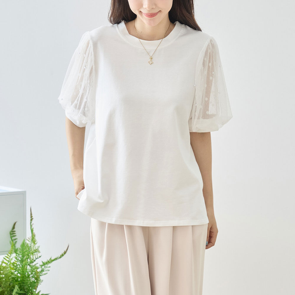 ラスト1着　 夏の早割り【メール便対応】　【新作】ドットチュールシアーパフスリーブ半袖トップス