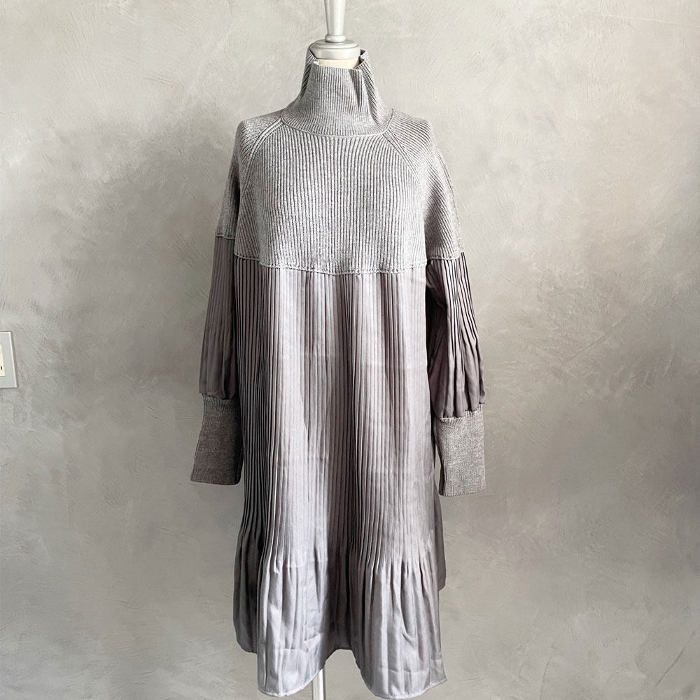 『　インスタサブ垢で大人気！　』　プリーツ切替ニットチュニックワンピース