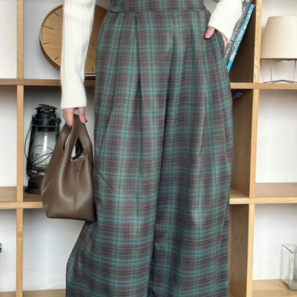 ラスト1着　春の早割り　　『　インスタで大人気！　』　チェック柄タックワイドパンツ