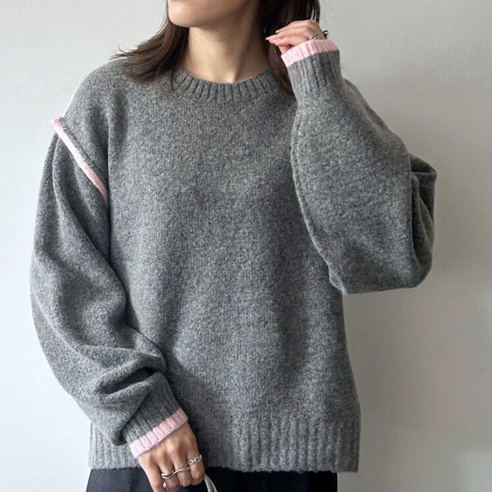 【11月上旬入荷予定】 オータムセール　『　インスタで大人気！　』　杢ストレッチ配色リンキングニットプルオーバー