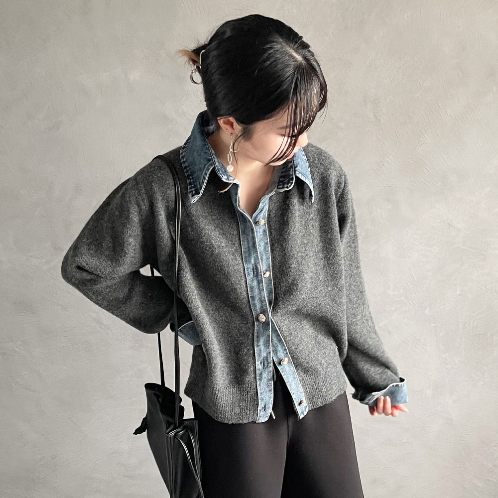 【即納】 【タイムセール】 【とにかく早くほしい方】 【キャメル11月中旬】  オータムセール　『　インスタサブ垢で大人気！　』  newデニム切替ニットカーディガン