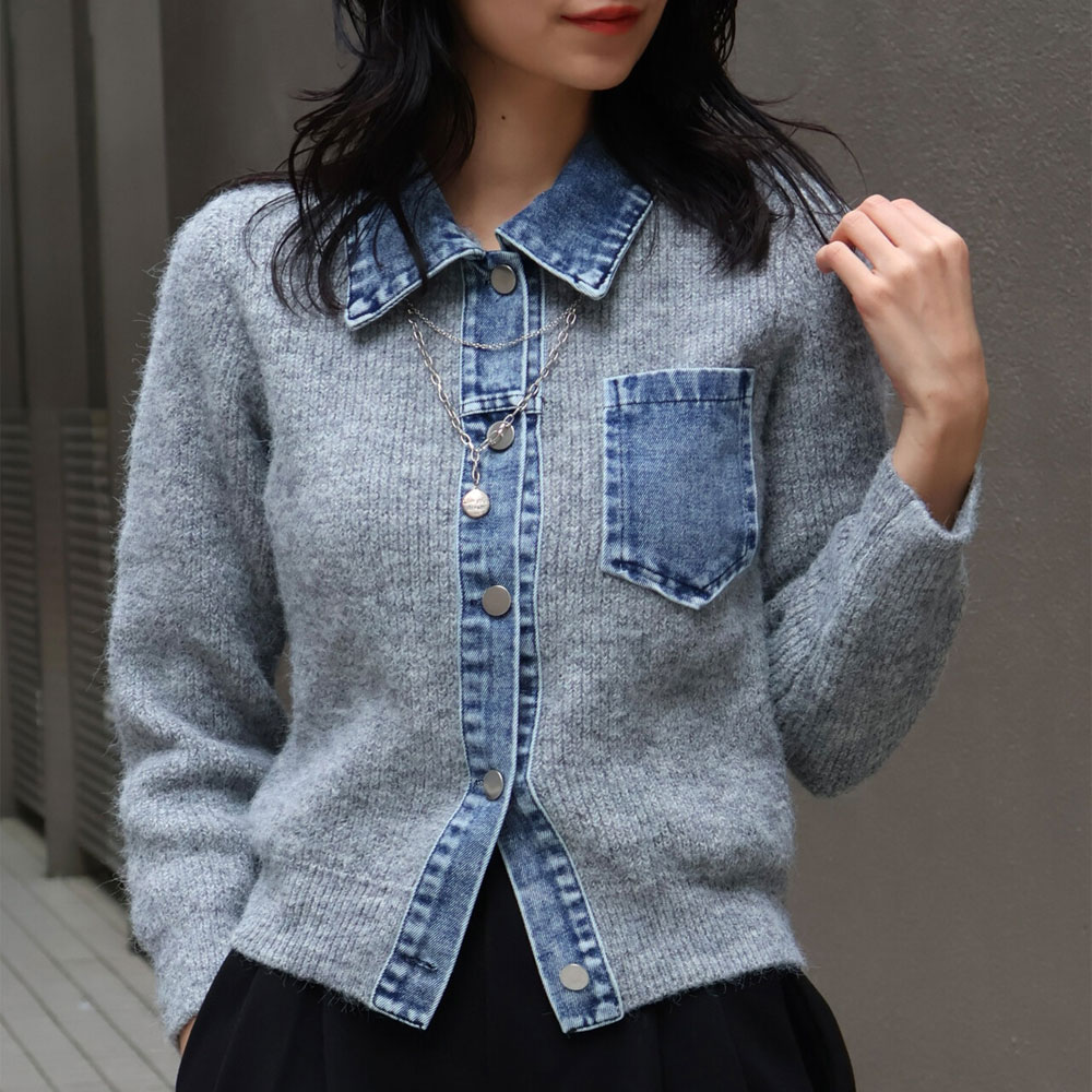 春の早割り　【即納】  　『　インスタサブ垢で大人気！　』   デニム切替ニットカーディガン