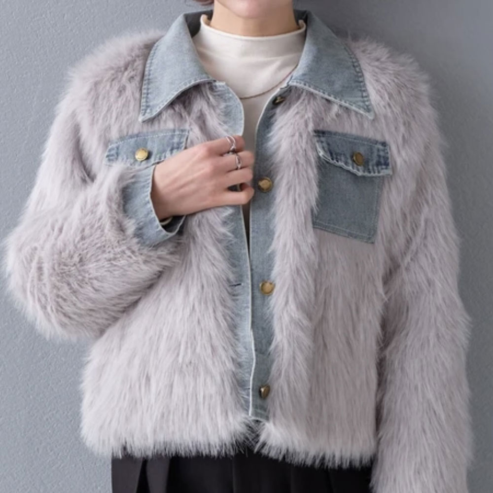 【12月中旬入荷予定】  クリスマスセール　『　インスタサブ垢で大人気！　』   デニム切り替えフェイクファージャケット