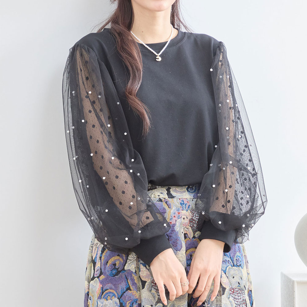 【1月中旬入荷予定】    ウィンターセール　『　インスタサブ垢で大人気！　』    チュール袖ポイントパールトップス