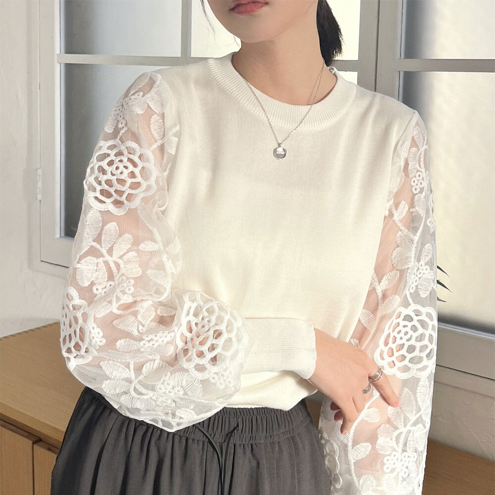 『　インスタで大人気！　』 　レーススリーブ切替ニットトップス