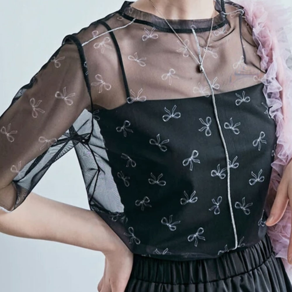 ラスト1着！【メール便対応】　春の早割り『　インスタで大人気！　』 　サマーシアーメッシュ半袖リボントップス