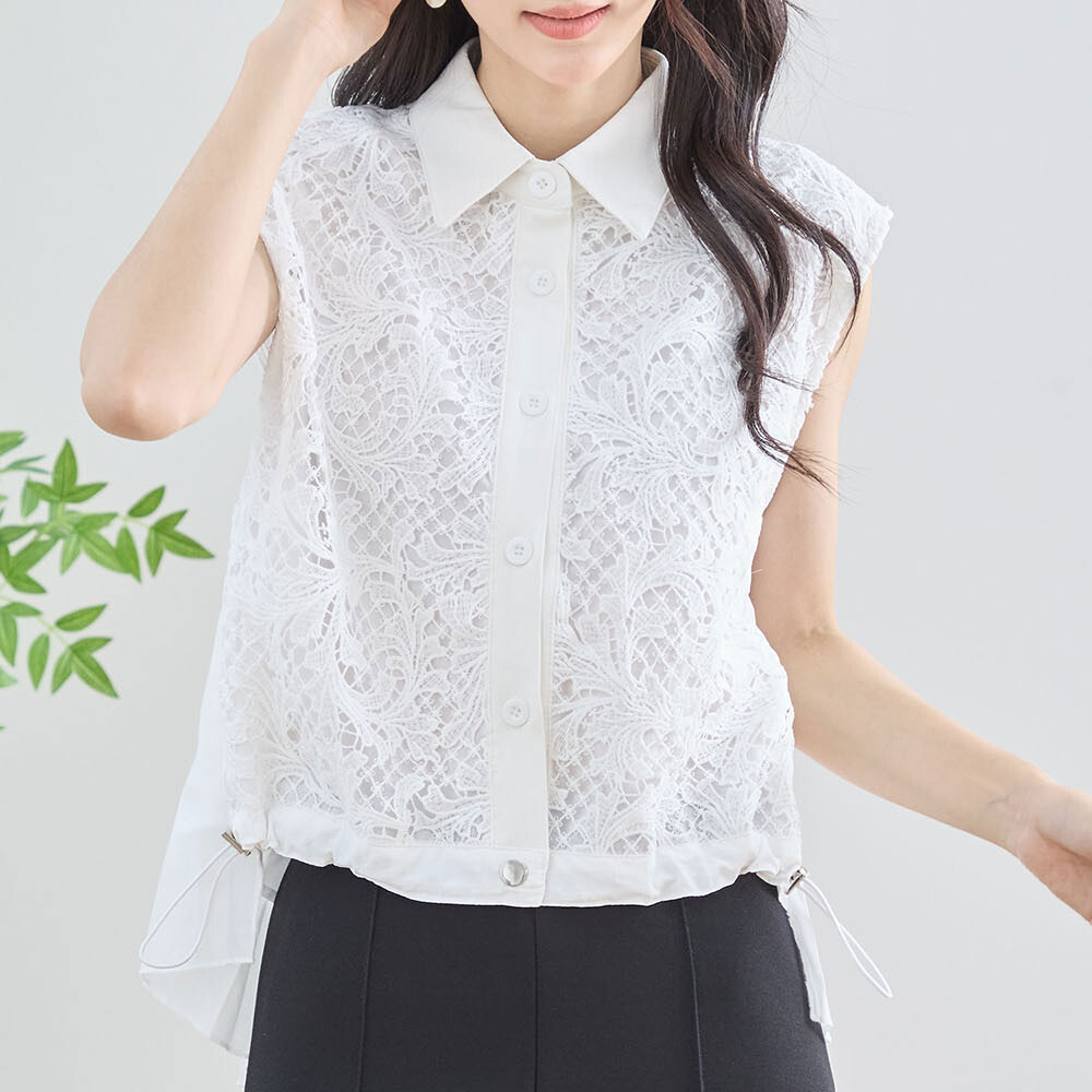 　スプリングセール！　『　インスタで大人気！　』 　異素材ミックスレース切替プリーツブラウス