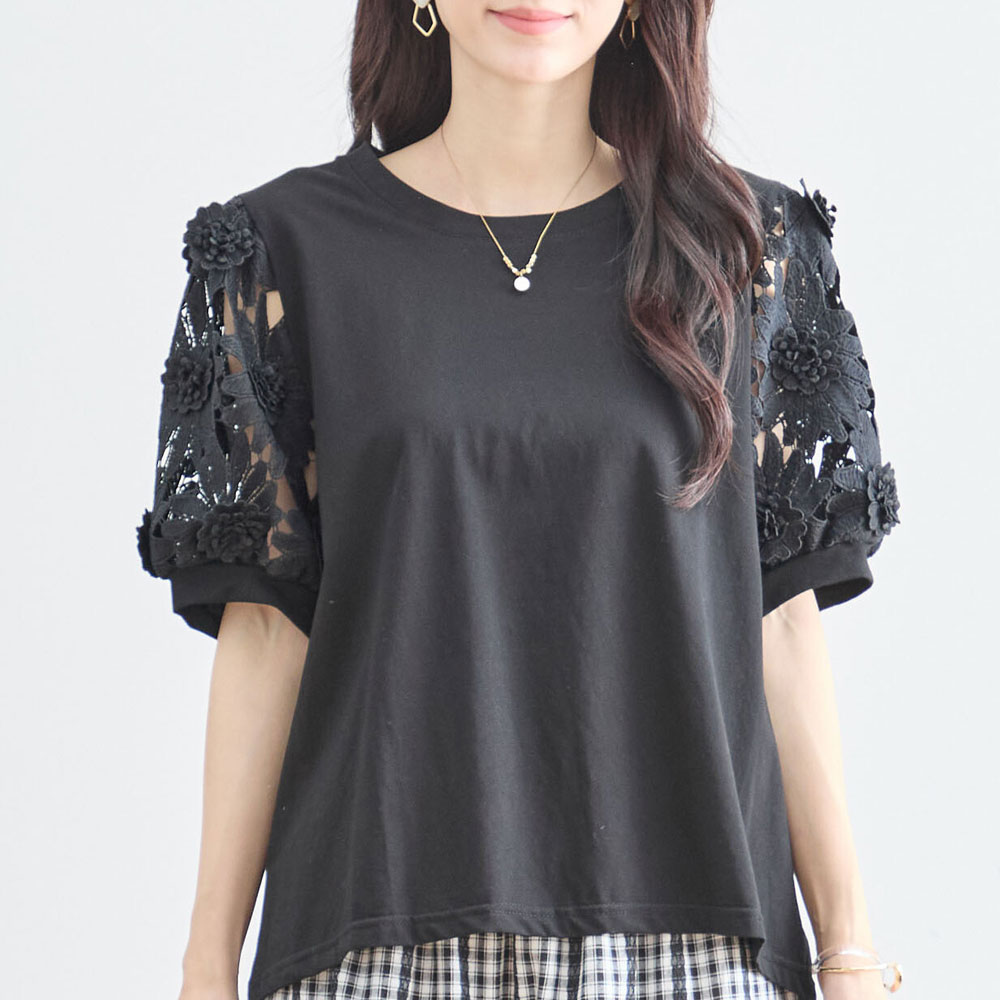 『　インスタサブ垢で大人気！　』   フラワーレーススリーブカットソー