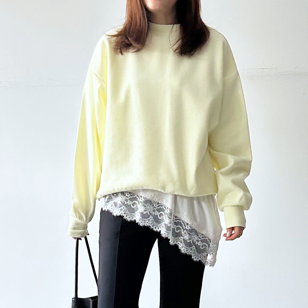 【4月下旬入荷予定】春の早割り【メール便対応】　【2026春新作予約】スムース天竺レース付きアシメプルオーバー