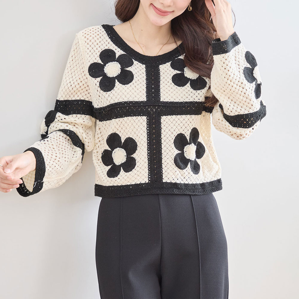 ラスト1着　春の早割り【メール便対応】バイカラーフラワーモチーフニットトップス