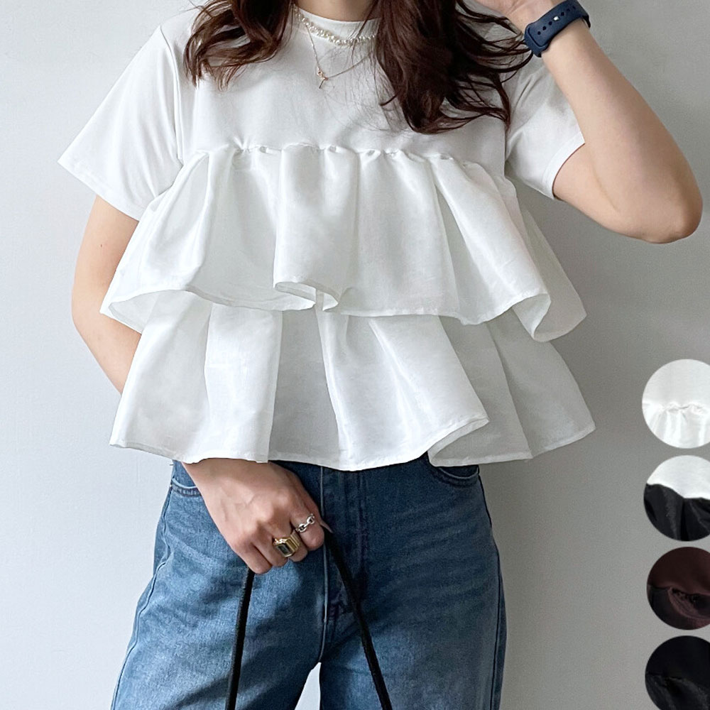 【6月上旬入荷予定】 春の早割り『　インスタサブ垢で大人気！　』【メール便対応】【2026新作予約】天竺ティアードフリルドッキングTシャツ