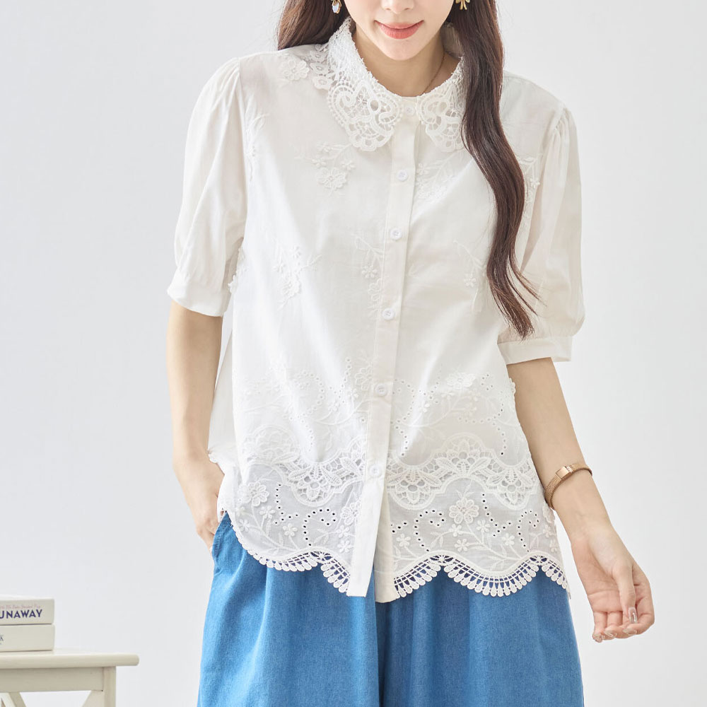 ラスト1着　 春の早割り【メール便対応】【2026新作】レース刺繍丸衿スカラップ裾ブラウス