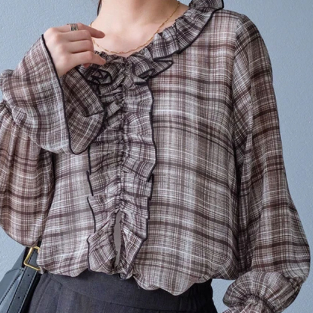 【4月下旬入荷予定】 春の早割り【メール便対応】　【2026新作】フリルデザインチェック柄シアーブラウス