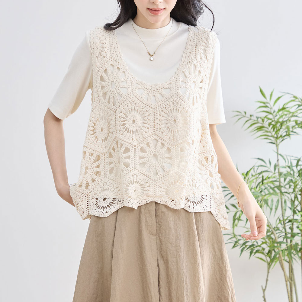 【4月中旬入荷予定】 春の早割り【メール便対応】　【2026新作】レース編みフラワーニットベスト