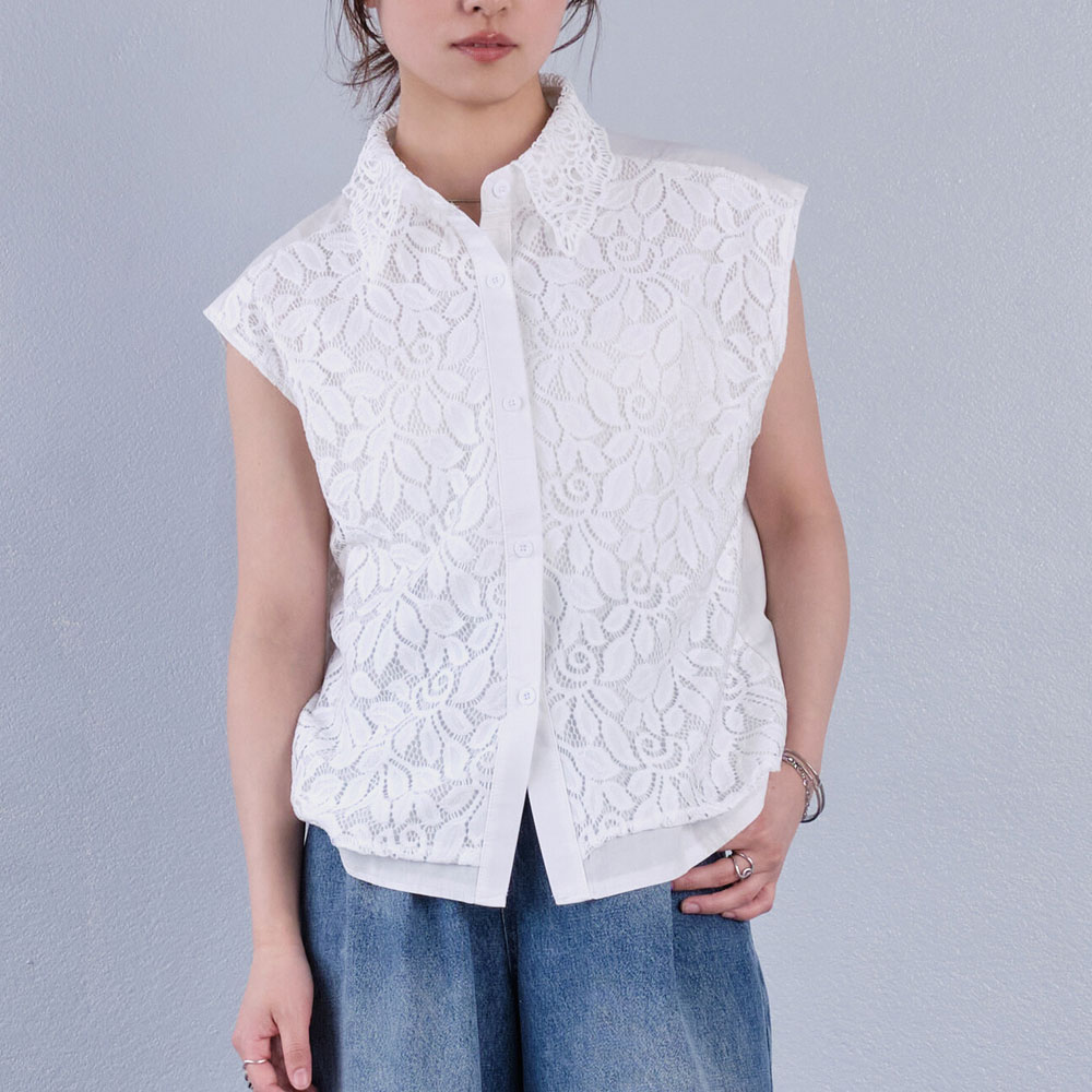 ラスト1着　 春の早割り【メール便対応】　【2026新作】シアーレース切替 ボタニカルデザイン ノースリーブブラウス