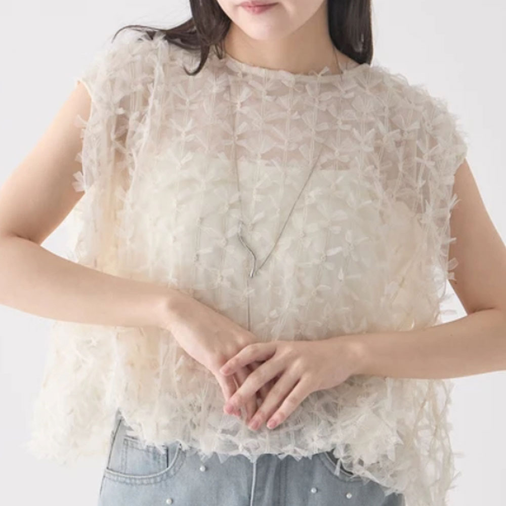 ラスト1着　春の早割り【メール便対応】リボンチュール　フリンジジャガードシアーベストブラウス