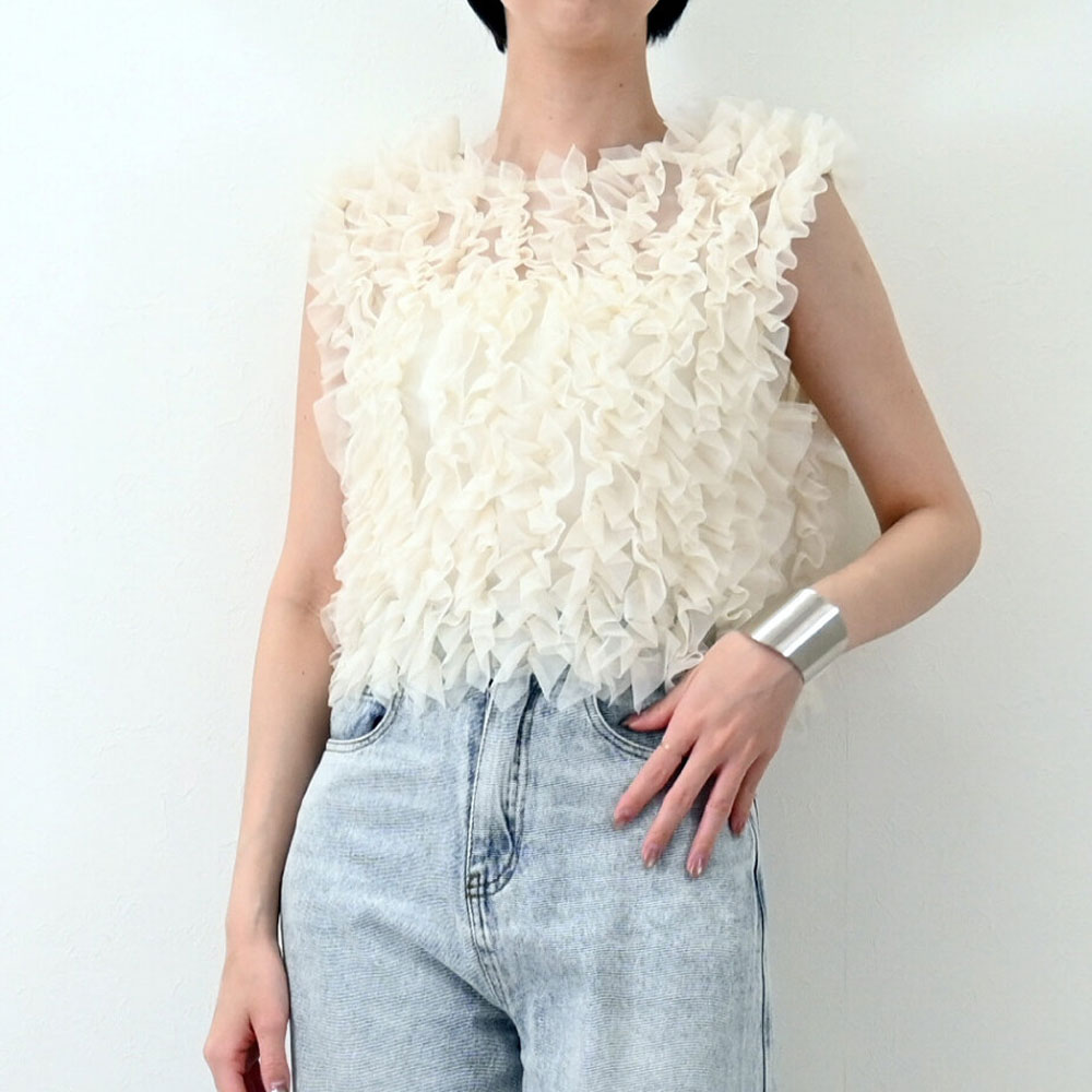 【4月下旬入荷予定】 春の早割り【メール便対応】　【2026新作】チュール　前後2ウェイ　フリル　ベスト