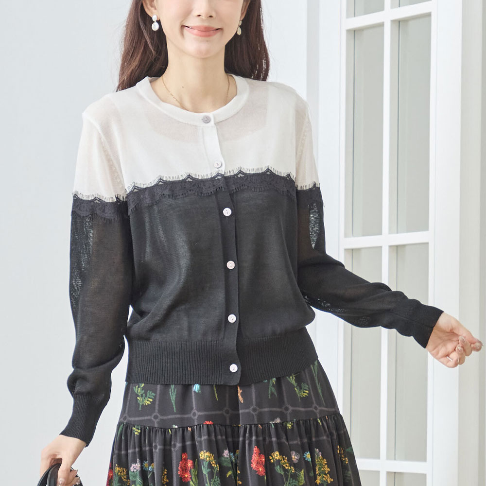 ラスト1着　 春の早割り【メール便対応】【2026新作】 シアーヨークレーストリム 配色ニットカーディガン