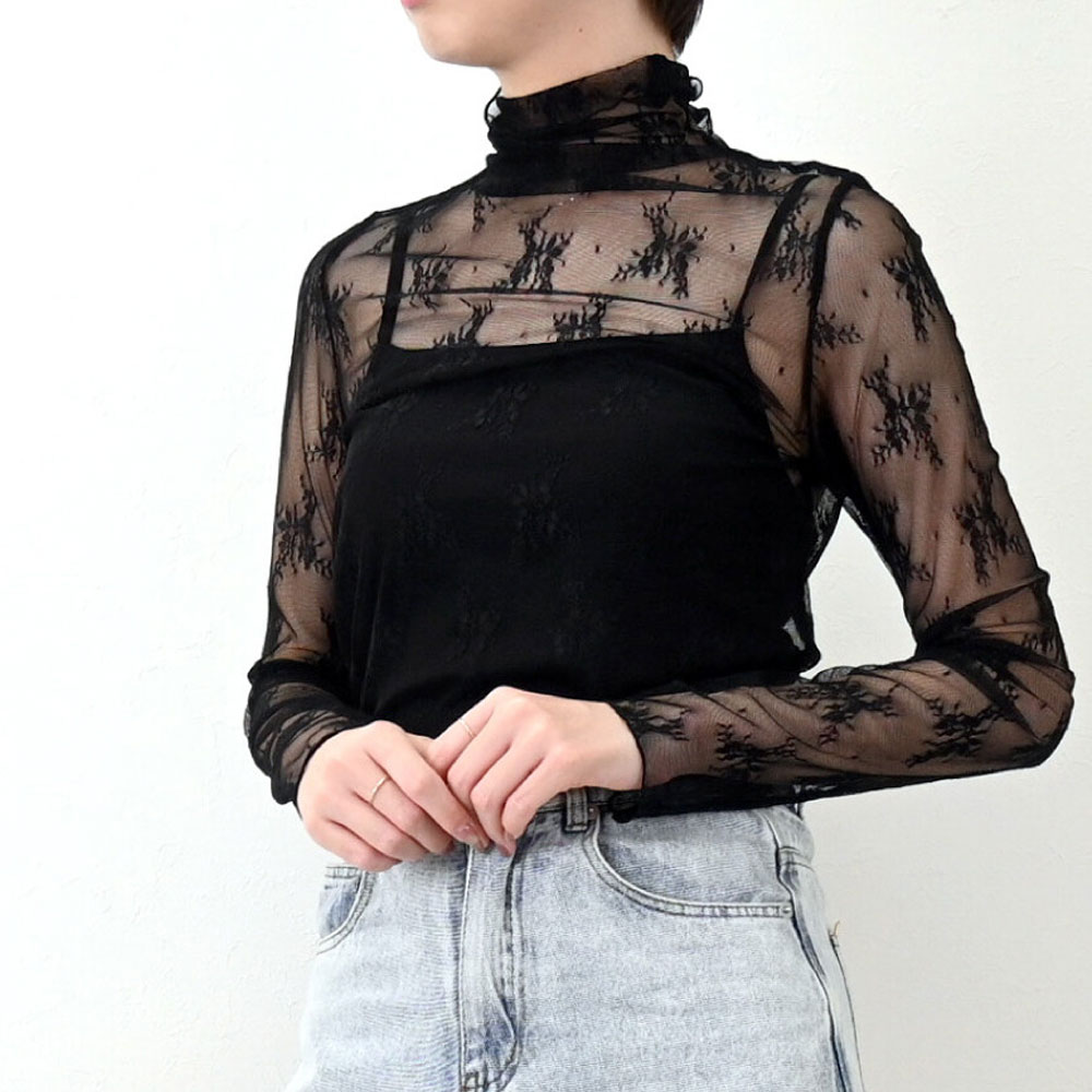 【5月中旬入荷予定】 春の早割り【メール便対応】　【新作】ストレッチレース　ハイネック　ロングスリーブ　Tシャツ