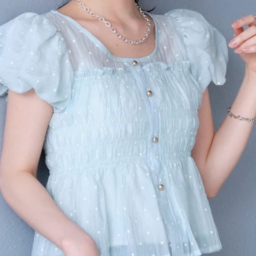 【5月下旬入荷予定】 春の早割り【メール便対応】　【新作】ドット柄シフォンパフスリーブブラウス