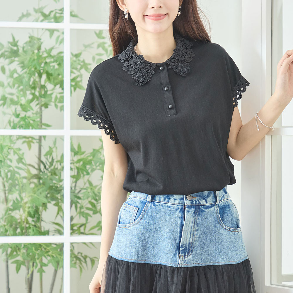 【6月中旬入荷予定】 夏の早割り【メール便対応】『　インスタサブ垢で大人気！　』　【新作】レースフラワー衿袖スカラップニットフレンチスリーブトップス