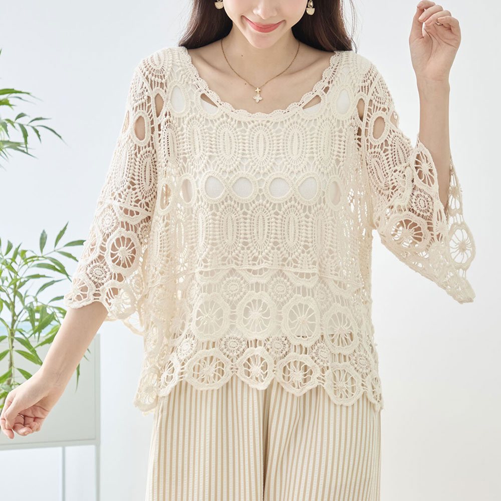 【6月中旬入荷予定】夏の早割り【メール便対応】　【新作】フラワーモチーフクロシェレーストップス