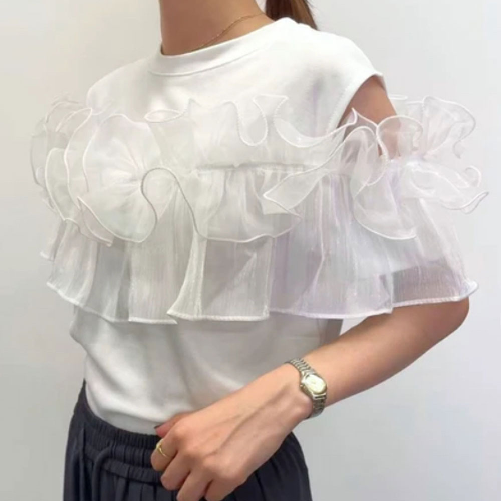 【7月下旬入荷予定】 夏の早割り【メール便対応】　オーガンジー フリルデザイン 半袖Tシャツ【新作】