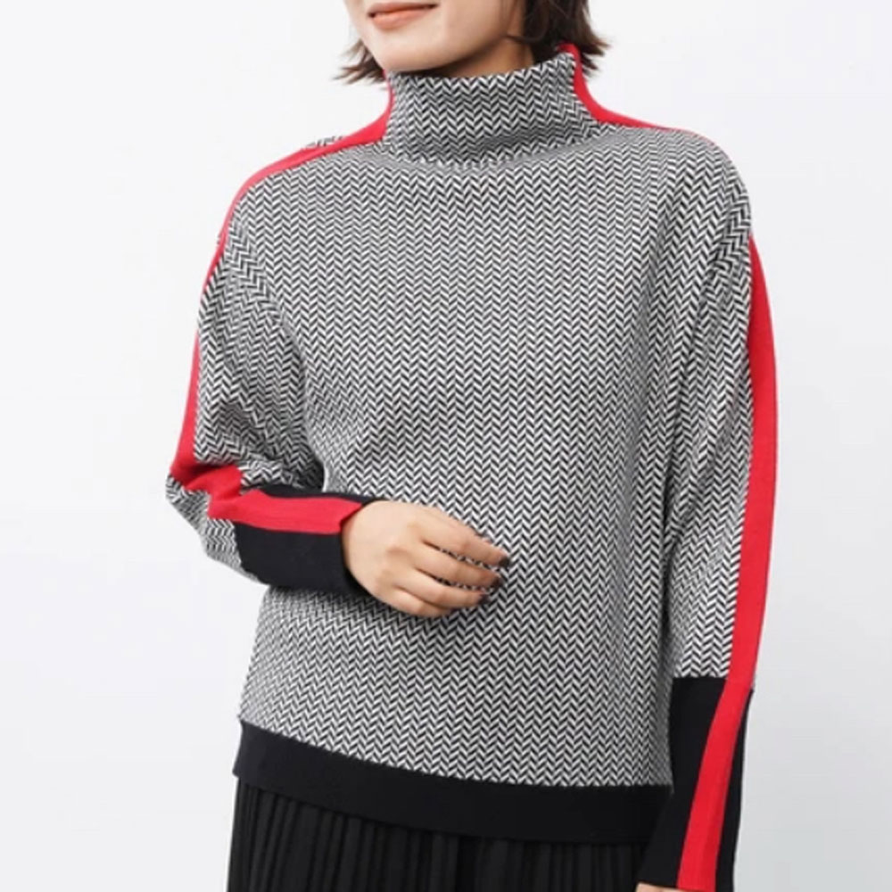 【10月上旬入荷予定】 秋の早割り　【新作】ヘリンボーン 配色ラインハイネックニット