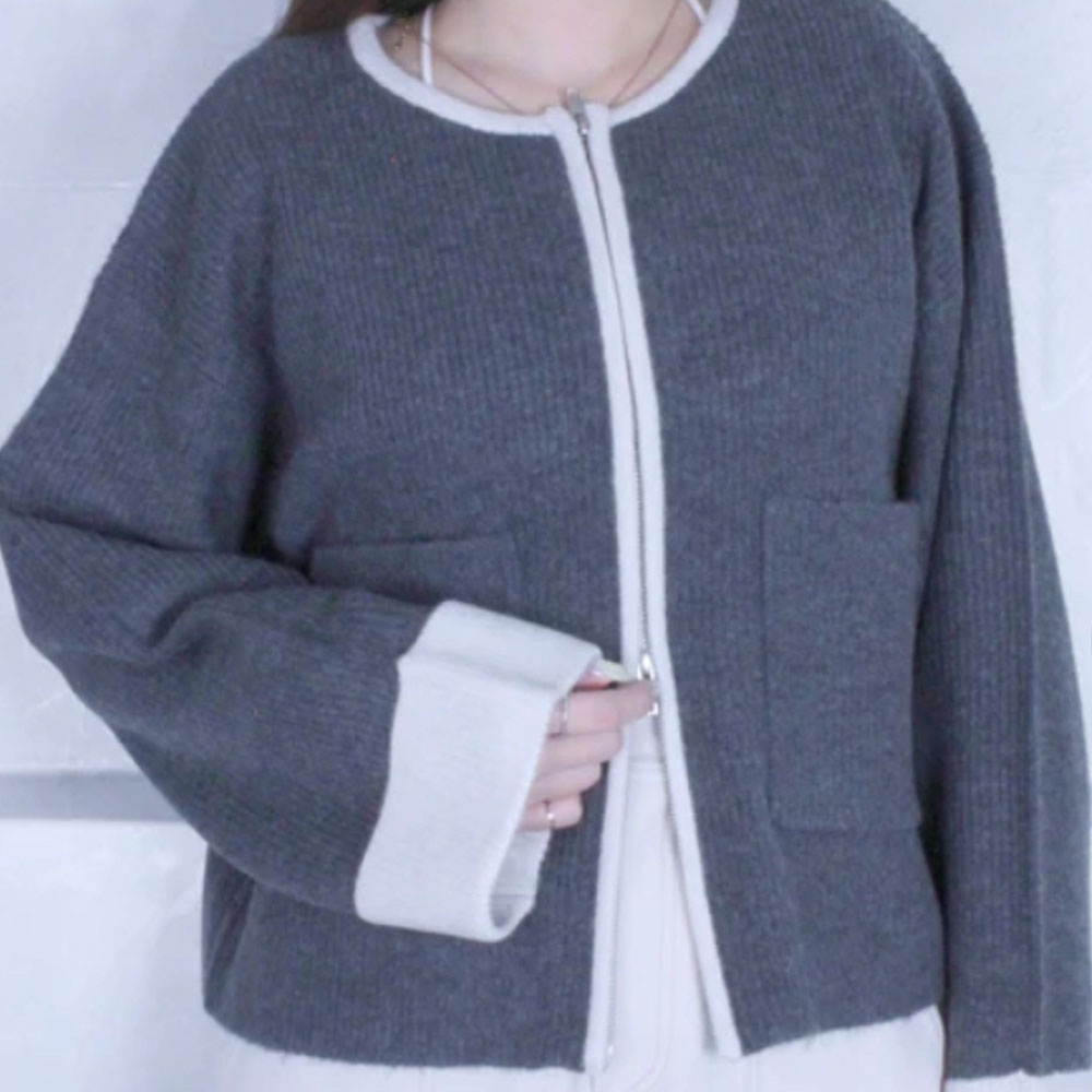 【10月中旬入荷予定】 秋の早割り　 袖折り返し配色片畦二ットジップカーデ
