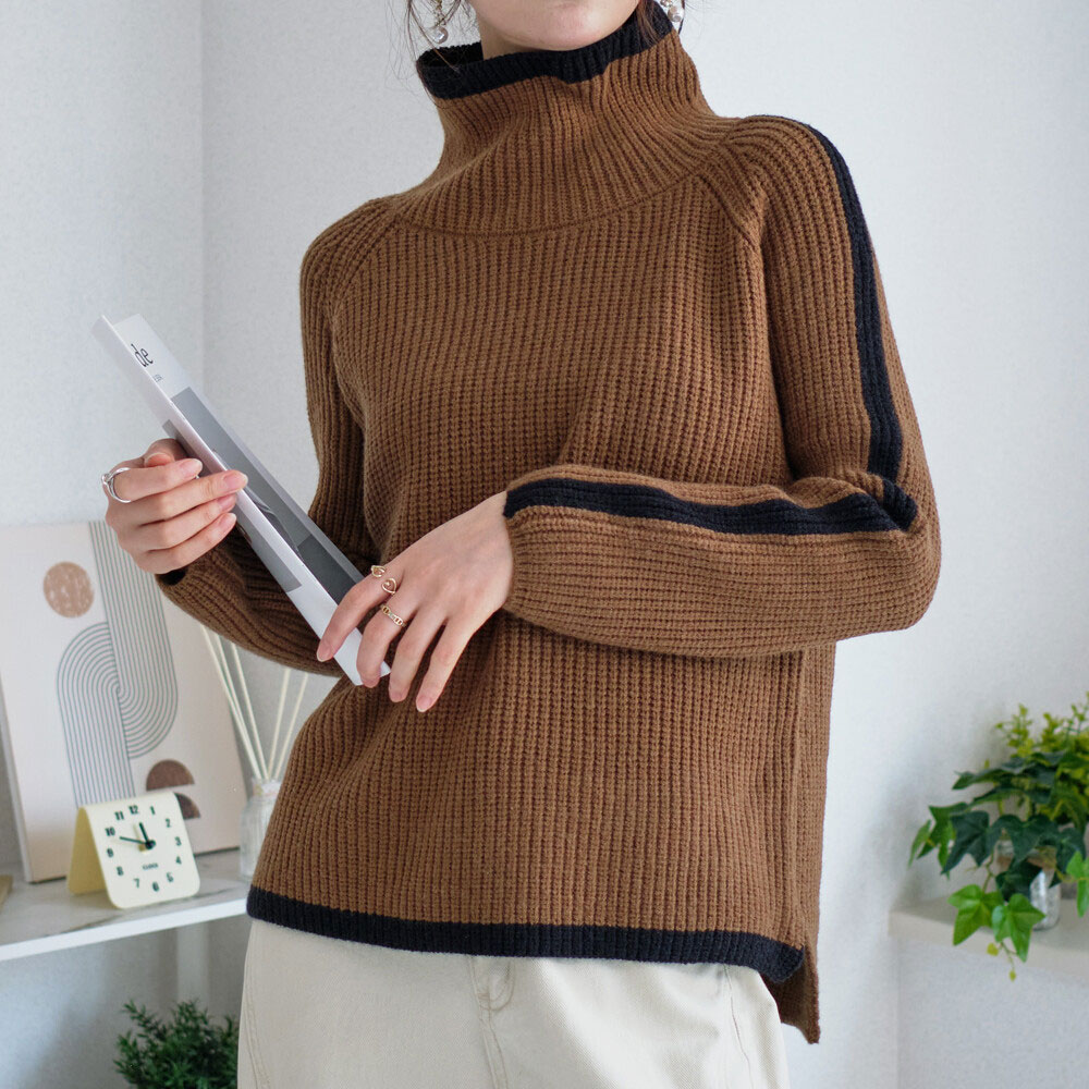 【10月中旬入荷予定】 秋の早割り【新作】配色ラインハイネックニットトップス