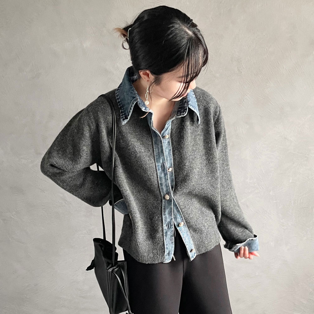 【5月下旬入荷予定】　【タイムセール】  　春の早割り 『　インスタで大人気！デニム切替カーディガン!　』　デニム切替ニットカーディガン　