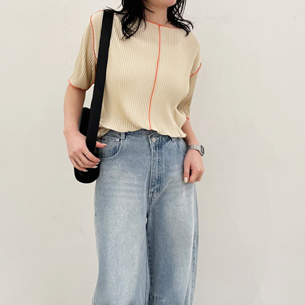 【4月下旬入荷予定】　春の早割り　『　インスタサブ垢で大人気！　』　プリーツメロー配色半袖トップス