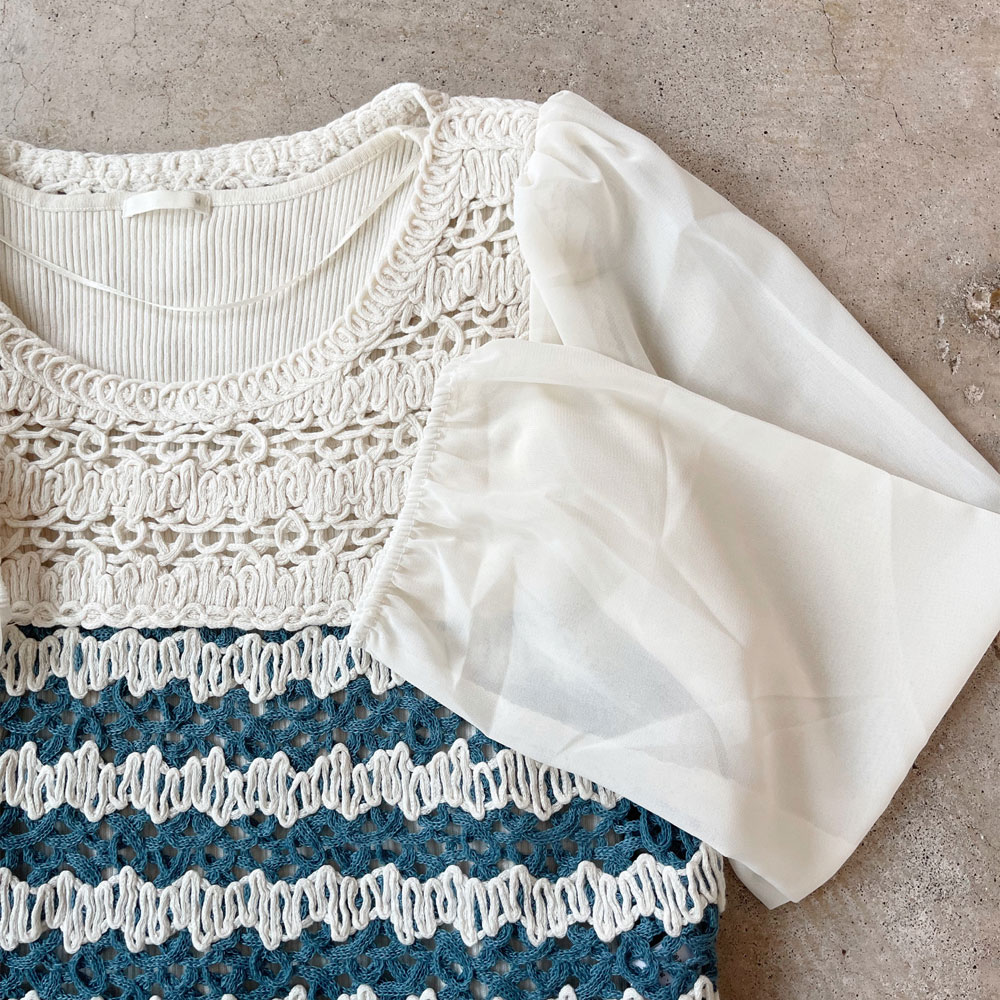 【4月下旬入荷予定】 春の早割り【メール便対応】『　インスタサブ垢で大人気！　』　【急上昇】　かぎ編みボーダー柄シアースリーブトップス