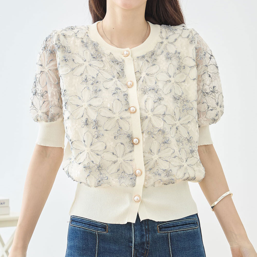 【4月上旬入荷予定】   春の早割り　『　インスタサブ垢で大人気！　』   大花レースパールボタン半袖ニットカーディガン