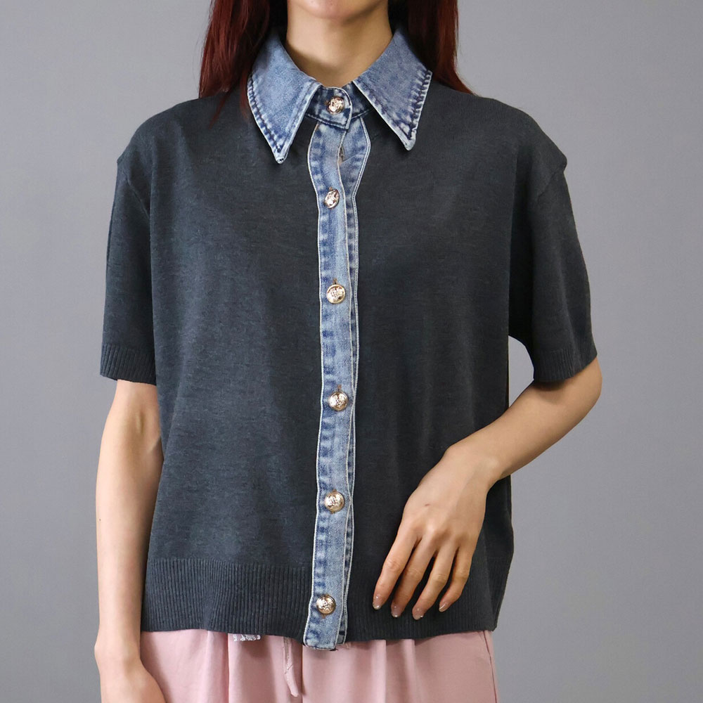 【4月下旬入荷予定】　春の早割り　『　インスタサブ垢で大人気！　』　あの伝説になったデニム切替デザインに夏版登場！半袖で涼しいデニムニット切り替えデザインブラウス登場！