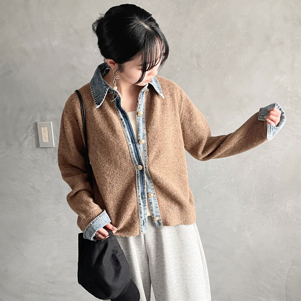 【8月下旬入荷予定】　秋の早割　『　インスタサブ垢で大人気！　』　　イタフラといえばデニム切替カーディガン！今年もやってきました！デニム衿コンビニットプルオーバーカーディガン