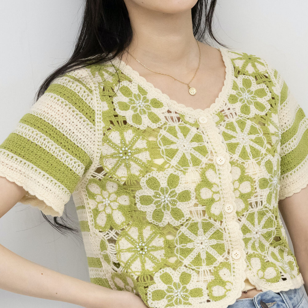 花柄モチーフビーズ付かぎ針編みカーディガン