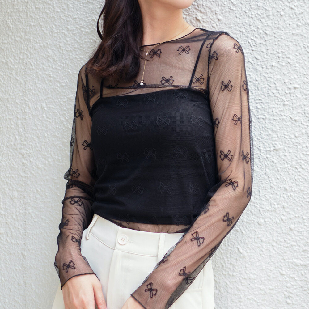 『　Instagramで大人気！　』    旬のシアー感溢れるりぼん柄レースシアートップス。りぼん柄チュールトップス