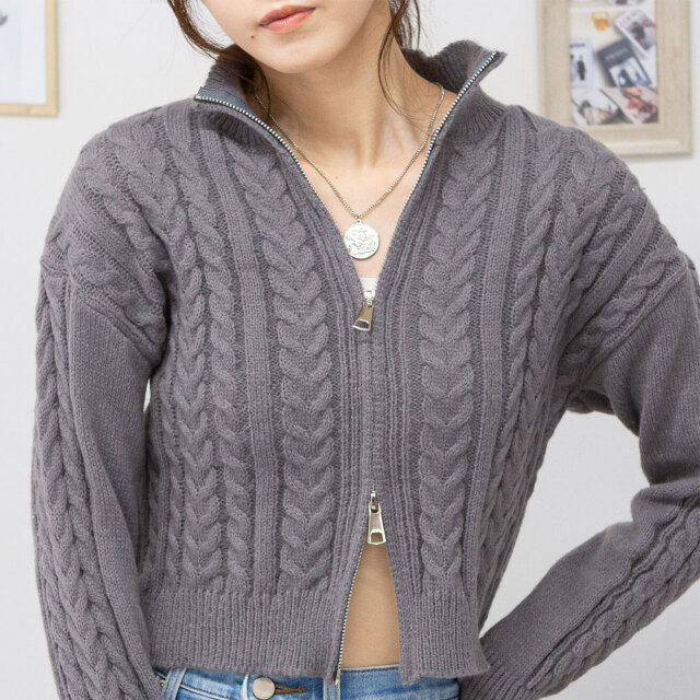 【重要/予約10月上旬入荷予定/着日指定不可】   秋得　『　インスタサブ垢で大人気！　』  ケーブル編みダブルジップ ニットトップス