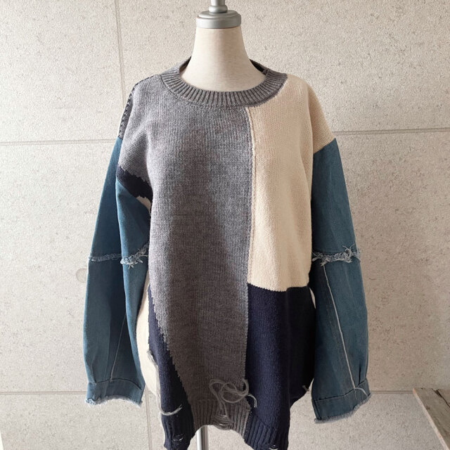 置き画していても可愛いと思ったルーズニット登場！デニム袖切替BIGサイズ 配色ニット