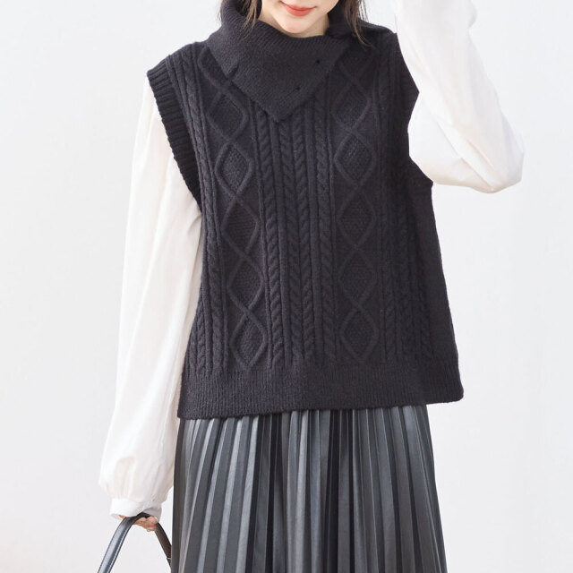 冬服50％off『　インスタサブ垢で大人気！　』　タートルネックドッキングデザインケーブルニットトップス