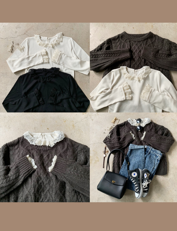 重ね着に抜群に似合うレース付きトップス超最新 お洋服好きさんにたまらないリブの素材 ニットの重ね着などにも完璧