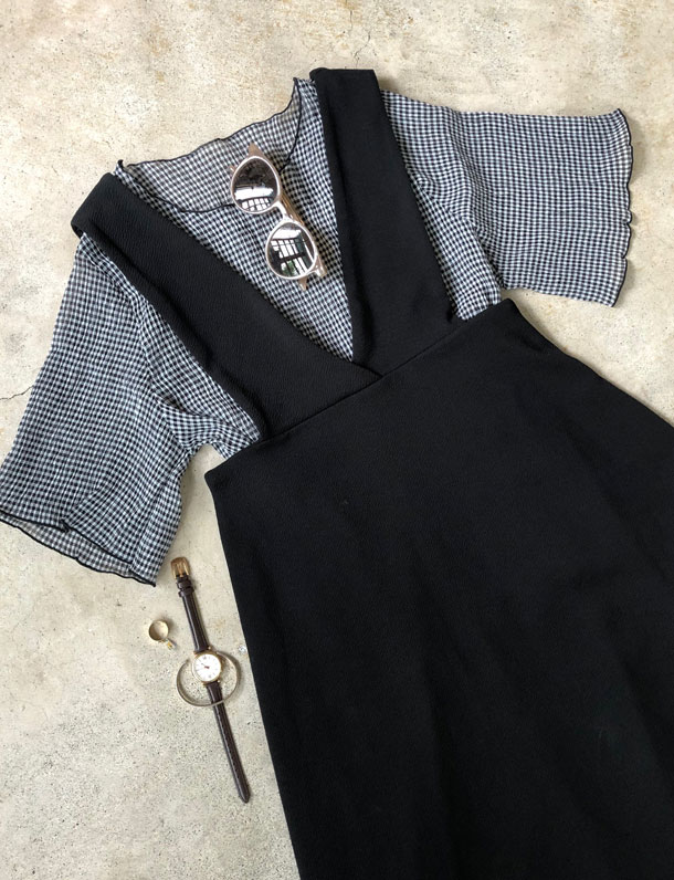 ワンピと合わせても可愛い細チェック柄！シフォン楊柳5分袖メロートップス。インナーキャミもSETに！