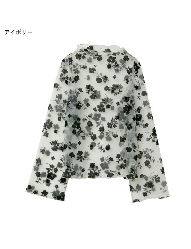 絶妙なシアー感！繊細花柄チュールボトルネックフレアスリーブトップス