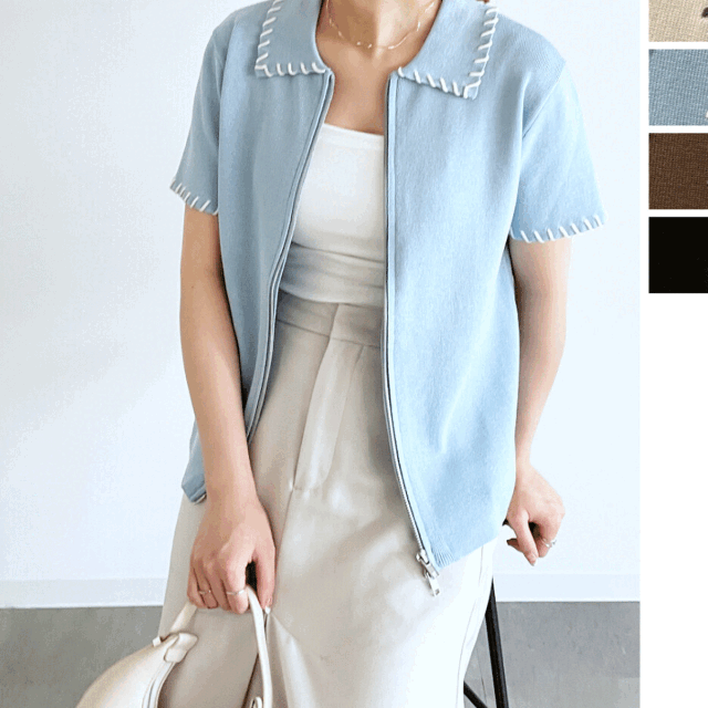 【7月上旬入荷予定】 【メール便対応】サマーセール 　『　インスタで大人気！　』　レーヨン配色ステッチWZIPポロニット