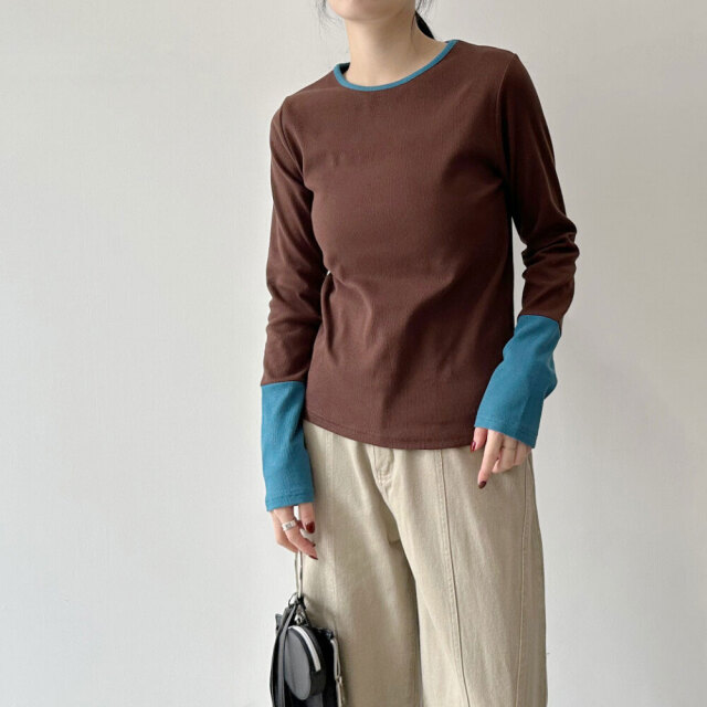リブ袖配色プルオーバー
