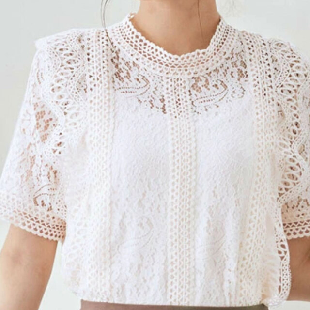 ラスト1着　 【メール便対応】 オータムセール　『　インスタで大人気！　』　ハーフスリーブケミカルレースブラウス